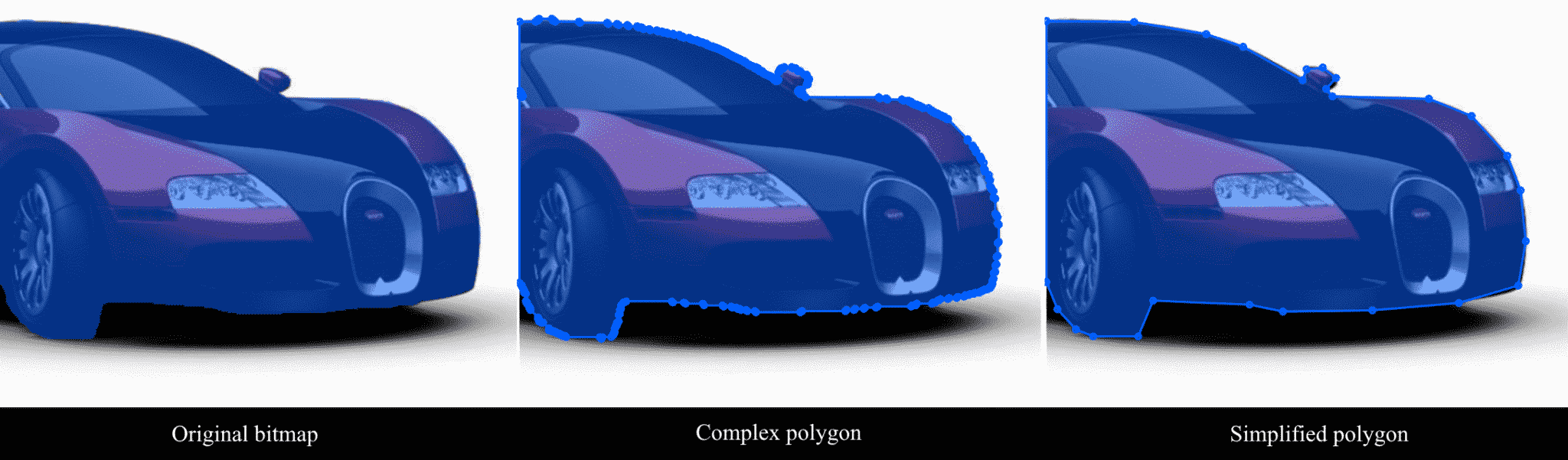 Original bitmap, auto complex polygon, automatic simplified polygon